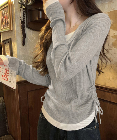 レイヤード風トップス長袖Tシャツ 韓国風 レディース Uネック 重ね着風カットソーサイドギャザー 配色リブトップス 大人カジュアルプルオーバー両側ドローストリング 87XINGLAN-001