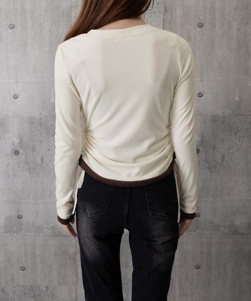 レイヤード風トップス長袖Tシャツ 韓国風 レディース Uネック 重ね着風カットソーサイドギャザー 配色リブトップス 大人カジュアルプルオーバー両側ドローストリング 87XINGLAN-001