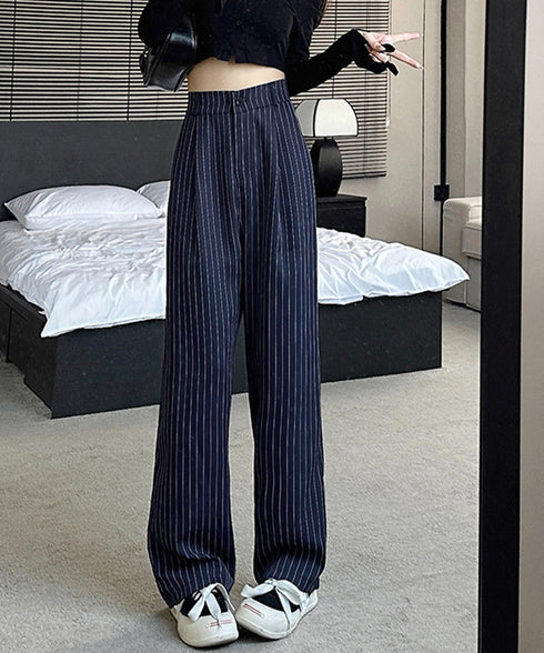 ストライプワイドパンツ春夏秋ロングパンツ レディースハイウエストパンツきれいめ ウエストゴム 美脚脚長 ワイドスラックス 韓国風 オフィスカジュアルパンツ 着やせ 87XINGZI-001