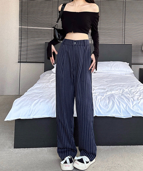 ストライプワイドパンツ春夏秋ロングパンツ レディースハイウエストパンツきれいめ ウエストゴム 美脚脚長 ワイドスラックス 韓国風 オフィスカジュアルパンツ 着やせ 87XINGZI-001