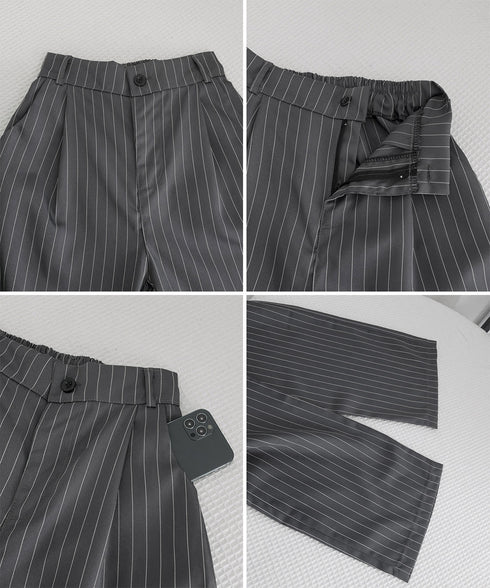 ストライプワイドパンツ春夏秋ロングパンツ レディースハイウエストパンツきれいめ ウエストゴム 美脚脚長 ワイドスラックス 韓国風 オフィスカジュアルパンツ 着やせ 87XINGZI-001