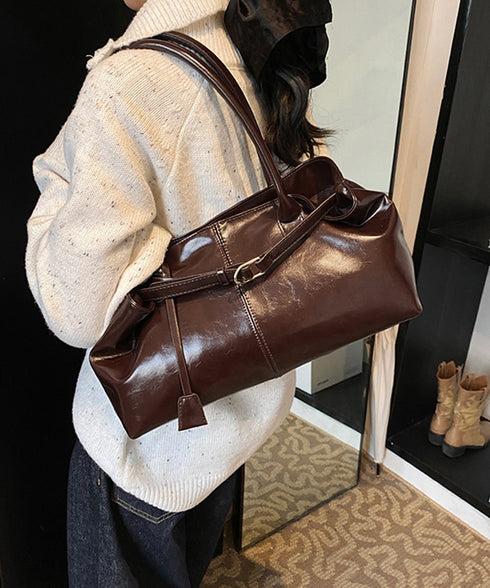 オイルワックス風合皮トートバッグ肩掛け鞄 レディース リボンベルト付き きれいめトート通勤通学 ビジネスOL PU鞄 ロングハンドル おしゃれハンドバッグ 大容量 87XIUFENG-001