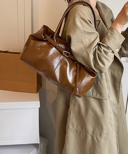 オイルワックス風合皮トートバッグ肩掛け鞄 レディース リボンベルト付き きれいめトート通勤通学 ビジネスOL PU鞄 ロングハンドル おしゃれハンドバッグ 大容量 87XIUFENG-001