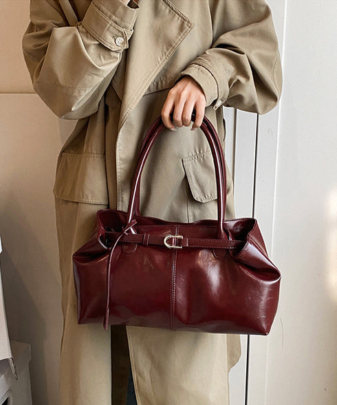 オイルワックス風合皮トートバッグ肩掛け鞄 レディース リボンベルト付き きれいめトート通勤通学 ビジネスOL PU鞄 ロングハンドル おしゃれハンドバッグ 大容量 87XIUFENG-001