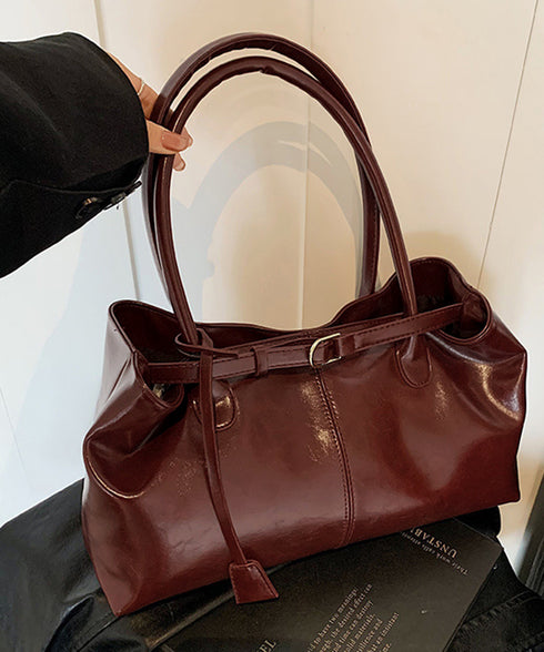 オイルワックス風合皮トートバッグ肩掛け鞄 レディース リボンベルト付き きれいめトート通勤通学 ビジネスOL PU鞄 ロングハンドル おしゃれハンドバッグ 大容量 87XIUFENG-001