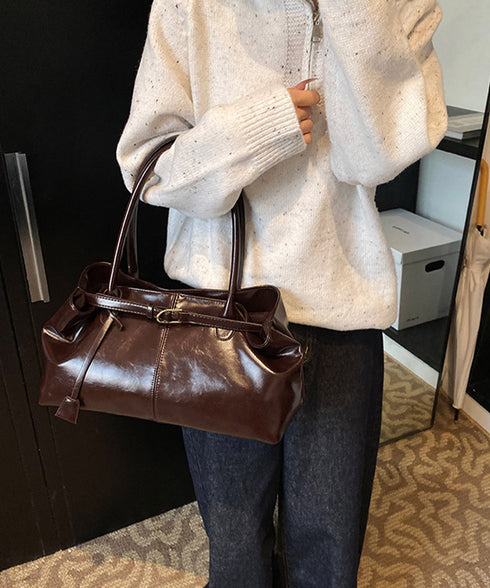 オイルワックス風合皮トートバッグ肩掛け鞄 レディース リボンベルト付き きれいめトート通勤通学 ビジネスOL PU鞄 ロングハンドル おしゃれハンドバッグ 大容量 87XIUFENG-001