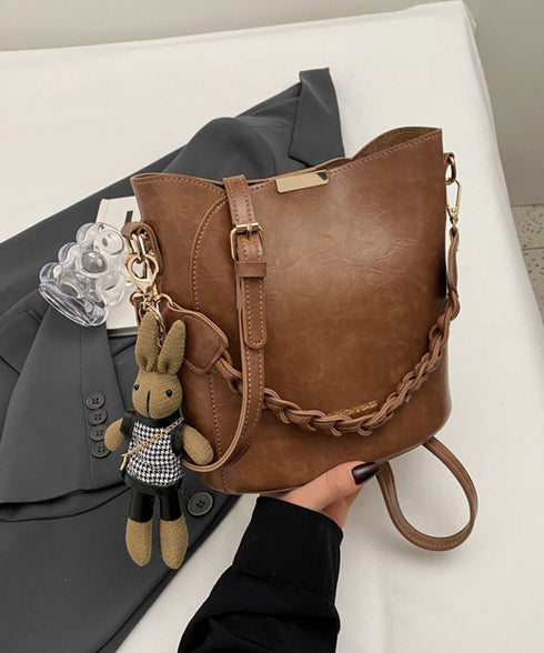 ショルダーバッグロープ編みハンドルバッグ レディース PUレザーバケツバッグチャーム付き こなれ感鞄 韓国風2way斜め掛けバッグ 高見えミニトートバッグレトロ 87XIUFENG-002