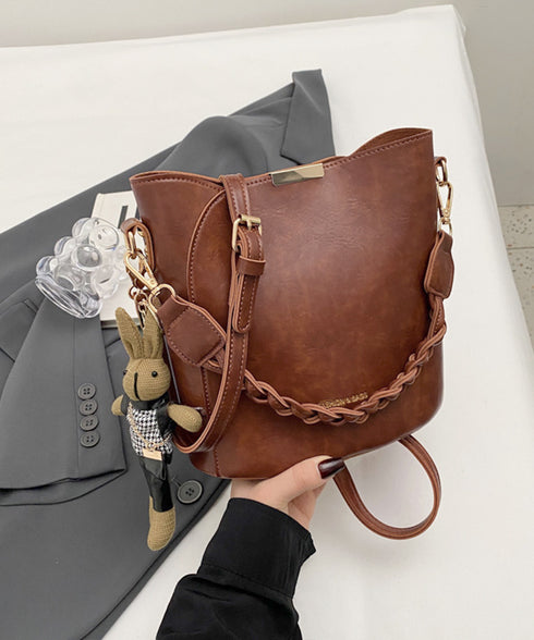 ショルダーバッグロープ編みハンドルバッグ レディース PUレザーバケツバッグチャーム付き こなれ感鞄 韓国風2way斜め掛けバッグ 高見えミニトートバッグレトロ 87XIUFENG-002