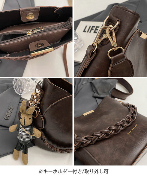 ショルダーバッグロープ編みハンドルバッグ レディース PUレザーバケツバッグチャーム付き こなれ感鞄 韓国風2way斜め掛けバッグ 高見えミニトートバッグレトロ 87XIUFENG-002