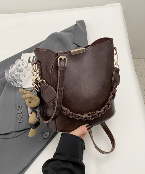 ショルダーバッグロープ編みハンドルバッグ レディース PUレザーバケツバッグチャーム付き こなれ感鞄 韓国風2way斜め掛けバッグ 高見えミニトートバッグレトロ 87XIUFENG-002