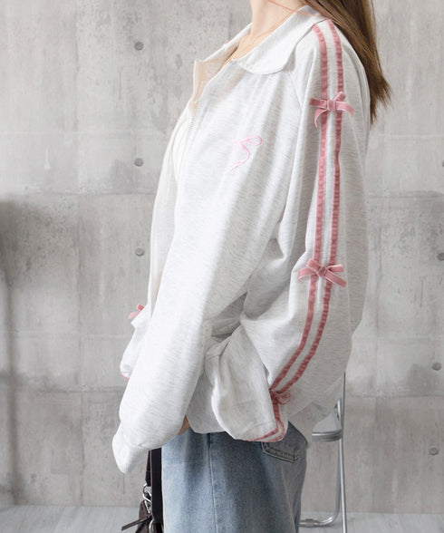 リボン付きスウェットジップアップパーカー レディース おしゃれ ガーリーリボンジャケット 袖ラインスウェットジャケット 春秋薄手 ワンポイントスポーティカジュアル 87XIXI-001