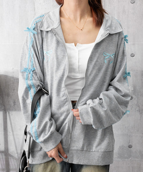 リボン付きスウェットジップアップパーカー レディース おしゃれ ガーリーリボンジャケット 袖ラインスウェットジャケット 春秋薄手 ワンポイントスポーティカジュアル 87XIXI-001