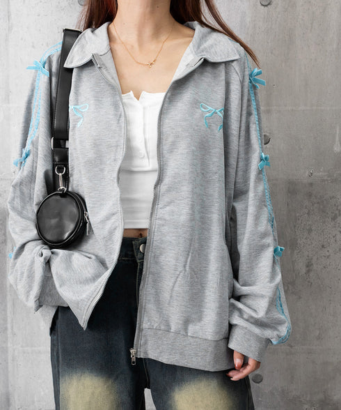 リボン付きスウェットジップアップパーカー レディース おしゃれ ガーリーリボンジャケット 袖ラインスウェットジャケット 春秋薄手 ワンポイントスポーティカジュアル 87XIXI-001