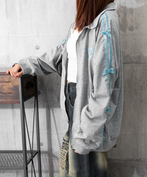 リボン付きスウェットジップアップパーカー レディース おしゃれ ガーリーリボンジャケット 袖ラインスウェットジャケット 春秋薄手 ワンポイントスポーティカジュアル 87XIXI-001