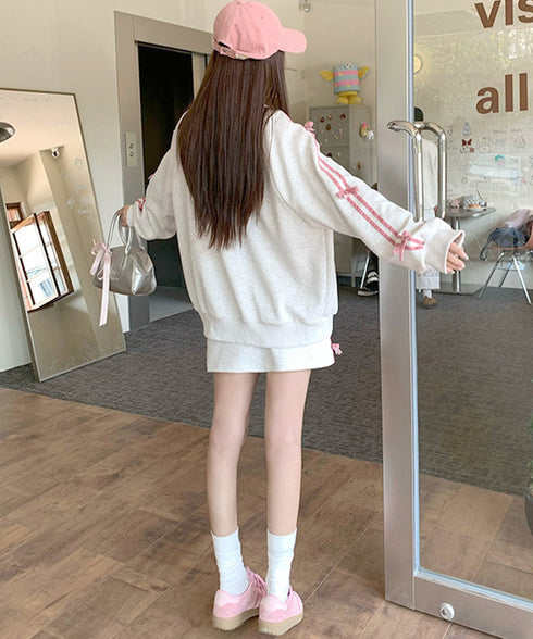 リボン付きスウェットジップアップパーカー レディース おしゃれ ガーリーリボンジャケット 袖ラインスウェットジャケット 春秋薄手 ワンポイントスポーティカジュアル 87XIXI-001