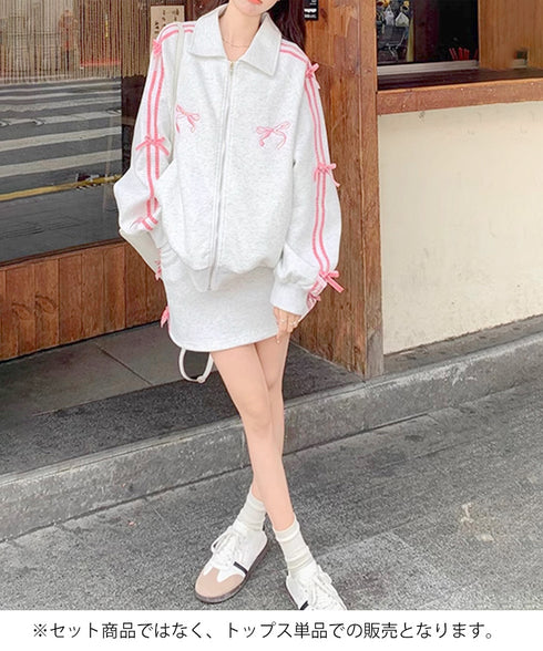 リボン付きスウェットジップアップパーカー レディース おしゃれ ガーリーリボンジャケット 袖ラインスウェットジャケット 春秋薄手 ワンポイントスポーティカジュアル 87XIXI-001