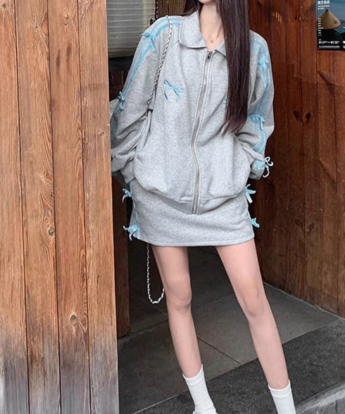 リボン付きスウェットジップアップパーカー レディース おしゃれ ガーリーリボンジャケット 袖ラインスウェットジャケット 春秋薄手 ワンポイントスポーティカジュアル 87XIXI-001