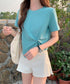 アシンメトリーTシャツ半袖クルーネックt ウエストタックtシャツレディース カジュアルトップス春夏 シンプルカットソー無地 ショート丈 大人可愛いtシャツ お洒落 87XIYIN-001