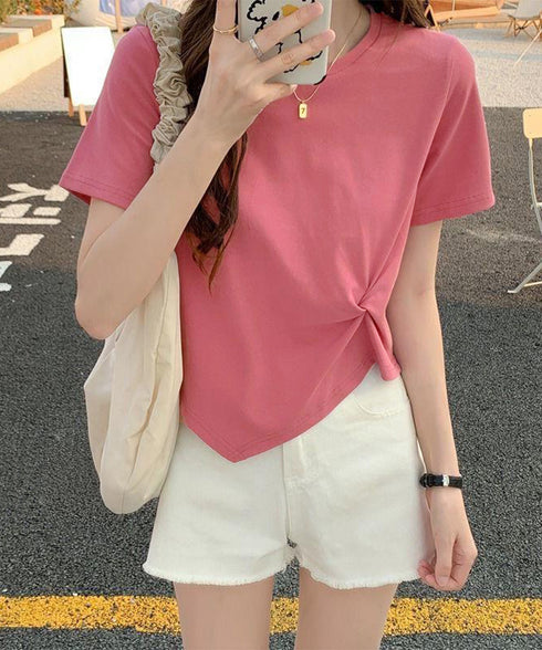 アシンメトリーTシャツ半袖クルーネックt ウエストタックtシャツレディース カジュアルトップス春夏 シンプルカットソー無地 ショート丈 大人可愛いtシャツ お洒落 87XIYIN-001