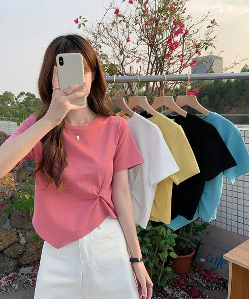 アシンメトリーTシャツ半袖クルーネックt ウエストタックtシャツレディース カジュアルトップス春夏 シンプルカットソー無地 ショート丈 大人可愛いtシャツ お洒落 87XIYIN-001