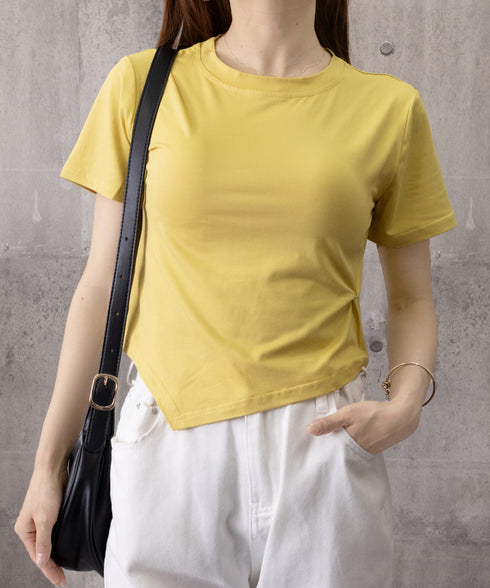 アシンメトリーTシャツ半袖クルーネックt ウエストタックtシャツレディース カジュアルトップス春夏 シンプルカットソー無地 ショート丈 大人可愛いtシャツ お洒落 87XIYIN-001