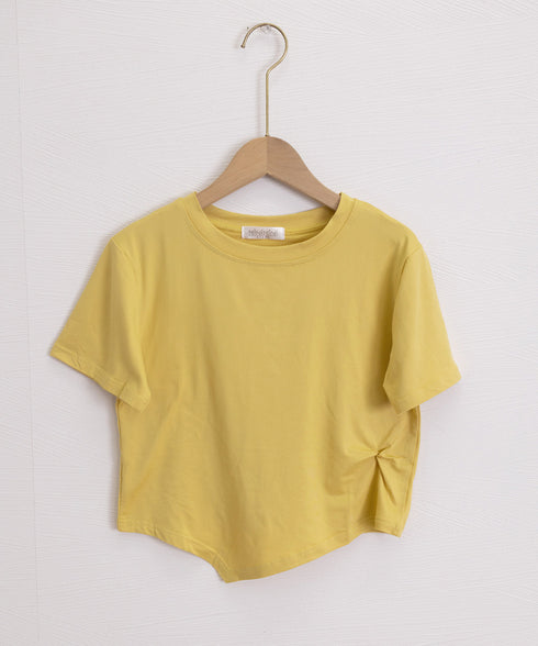 アシンメトリーTシャツ半袖クルーネックt ウエストタックtシャツレディース カジュアルトップス春夏 シンプルカットソー無地 ショート丈 大人可愛いtシャツ お洒落 87XIYIN-001