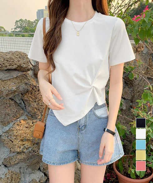 アシンメトリーTシャツ半袖クルーネックt ウエストタックtシャツレディース カジュアルトップス春夏 シンプルカットソー無地 ショート丈 大人可愛いtシャツ お洒落 87XIYIN-001
