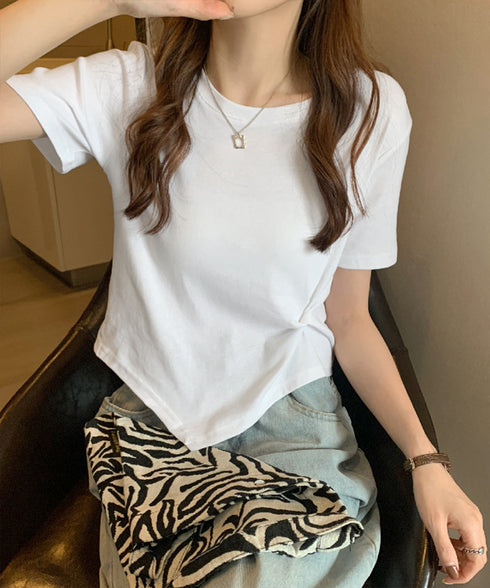 アシンメトリーTシャツ半袖クルーネックt ウエストタックtシャツレディース カジュアルトップス春夏 シンプルカットソー無地 ショート丈 大人可愛いtシャツ お洒落 87XIYIN-001