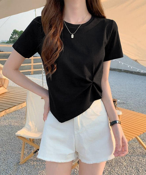 アシンメトリーTシャツ半袖クルーネックt ウエストタックtシャツレディース カジュアルトップス春夏 シンプルカットソー無地 ショート丈 大人可愛いtシャツ お洒落 87XIYIN-001