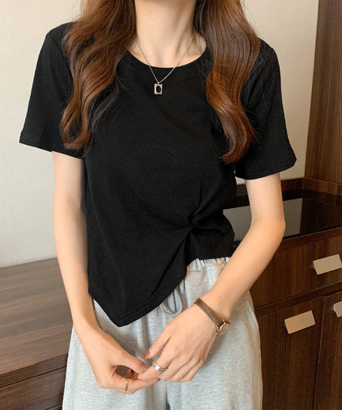 アシンメトリーTシャツ半袖クルーネックt ウエストタックtシャツレディース カジュアルトップス春夏 シンプルカットソー無地 ショート丈 大人可愛いtシャツ お洒落 87XIYIN-001