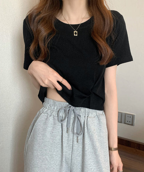 アシンメトリーTシャツ半袖クルーネックt ウエストタックtシャツレディース カジュアルトップス春夏 シンプルカットソー無地 ショート丈 大人可愛いtシャツ お洒落 87XIYIN-001