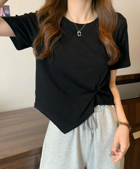 アシンメトリーTシャツ半袖クルーネックt ウエストタックtシャツレディース カジュアルトップス春夏 シンプルカットソー無地 ショート丈 大人可愛いtシャツ お洒落 87XIYIN-001