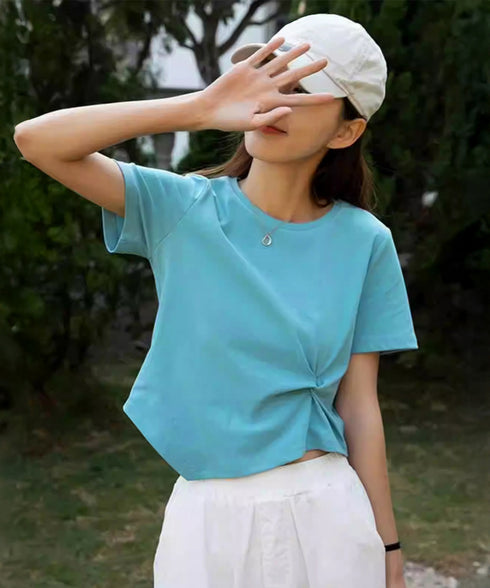 アシンメトリーTシャツ半袖クルーネックt ウエストタックtシャツレディース カジュアルトップス春夏 シンプルカットソー無地 ショート丈 大人可愛いtシャツ お洒落 87XIYIN-001