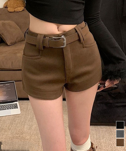 ウール風ショートパンツハイウエスト短パン レディース 着やせショート丈パンツ ポケット付き ベーシック ミニ丈パンツ着やせ 美脚脚長短パン韓国風ホットパンツ 秋冬 87XUANZHZH-001