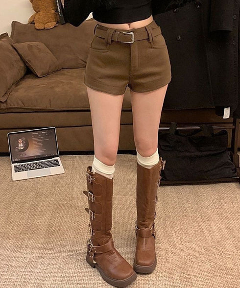 ウール風ショートパンツハイウエスト短パン レディース 着やせショート丈パンツ ポケット付き ベーシック ミニ丈パンツ着やせ 美脚脚長短パン韓国風ホットパンツ 秋冬 87XUANZHZH-001