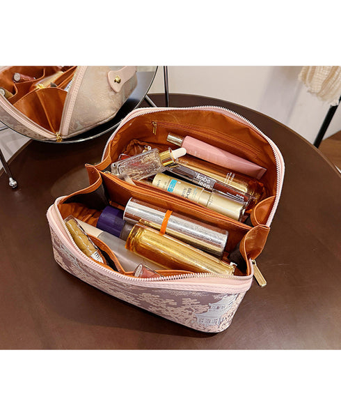 刺しゅう入りメイクポーチ横型コスメバッグ 古風化粧ポーチ きれいめ大人可愛いバニティポーチ おしゃれ旅行コスメポーチ 持ち運び化粧品収納 大容量トラベルポーチ自立 87XUJIU-001