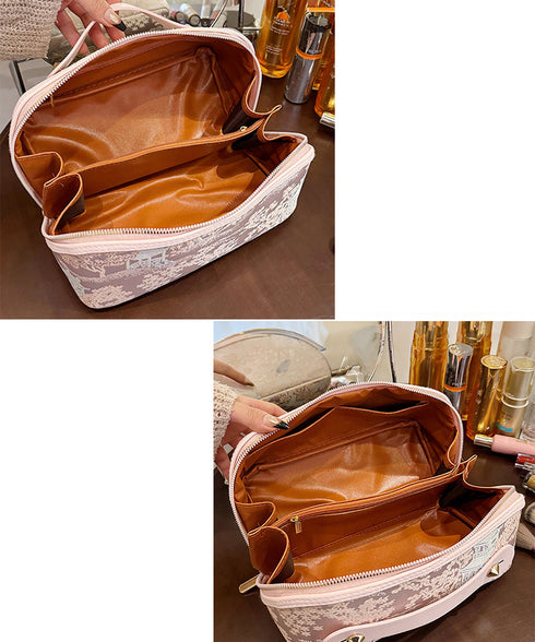 刺しゅう入りメイクポーチ横型コスメバッグ 古風化粧ポーチ きれいめ大人可愛いバニティポーチ おしゃれ旅行コスメポーチ 持ち運び化粧品収納 大容量トラベルポーチ自立 87XUJIU-001