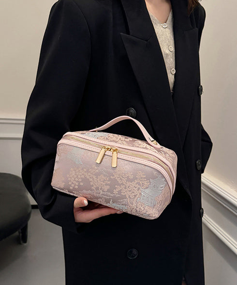 刺しゅう入りメイクポーチ横型コスメバッグ 古風化粧ポーチ きれいめ大人可愛いバニティポーチ おしゃれ旅行コスメポーチ 持ち運び化粧品収納 大容量トラベルポーチ自立 87XUJIU-001