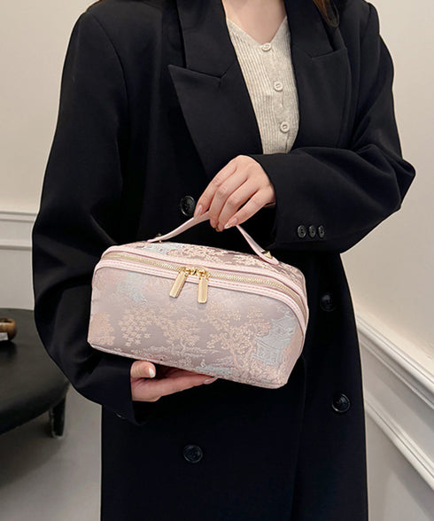 刺しゅう入りメイクポーチ横型コスメバッグ 古風化粧ポーチ きれいめ大人可愛いバニティポーチ おしゃれ旅行コスメポーチ 持ち運び化粧品収納 大容量トラベルポーチ自立 87XUJIU-001