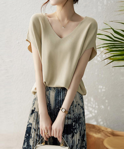 ニットトップス レディース 韓国春秋夏服 フレンチスリーブ ニットソー 体型カバー vネック 冷感タッチ 半袖 サマーニット きれいめ オフィスカジュアル 着やせ 87XYZ-001