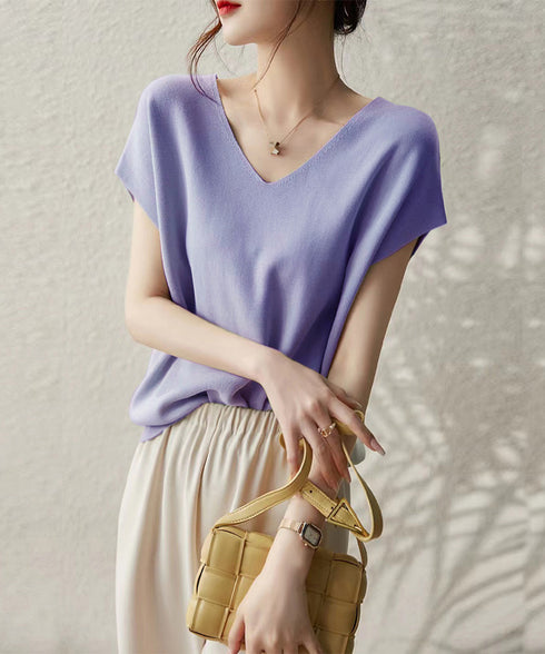 ニットトップス レディース 韓国春秋夏服 フレンチスリーブ ニットソー 体型カバー vネック 冷感タッチ 半袖 サマーニット きれいめ オフィスカジュアル 着やせ 87XYZ-001