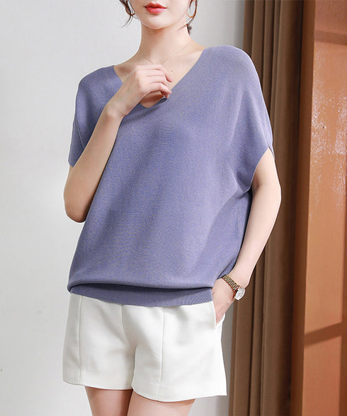 ニットトップス レディース 韓国春秋夏服 フレンチスリーブ ニットソー 体型カバー vネック 冷感タッチ 半袖 サマーニット きれいめ オフィスカジュアル 着やせ 87XYZ-001