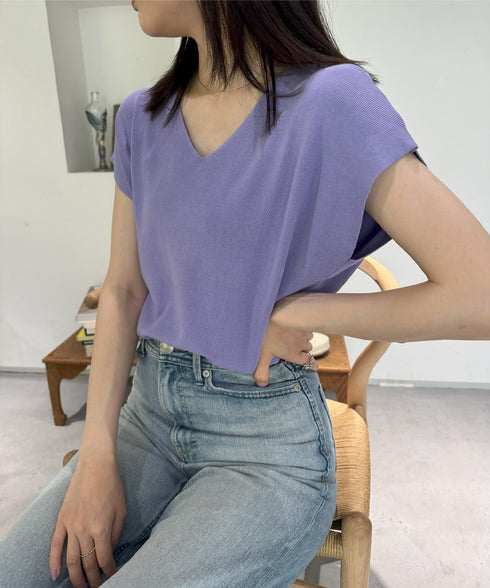 ニットトップス レディース 韓国春秋夏服 フレンチスリーブ ニットソー 体型カバー vネック 冷感タッチ 半袖 サマーニット きれいめ オフィスカジュアル 着やせ 87XYZ-001