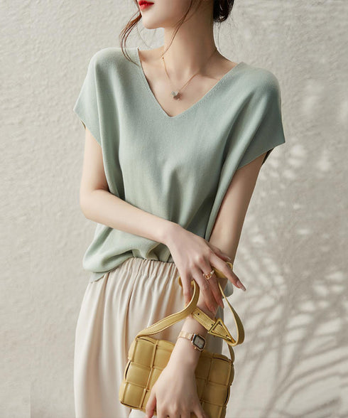 ニットトップス レディース 韓国春秋夏服 フレンチスリーブ ニットソー 体型カバー vネック 冷感タッチ 半袖 サマーニット きれいめ オフィスカジュアル 着やせ 87XYZ-001