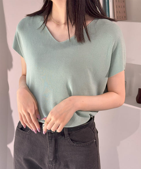 ニットトップス レディース 韓国春秋夏服 フレンチスリーブ ニットソー 体型カバー vネック 冷感タッチ 半袖 サマーニット きれいめ オフィスカジュアル 着やせ 87XYZ-001