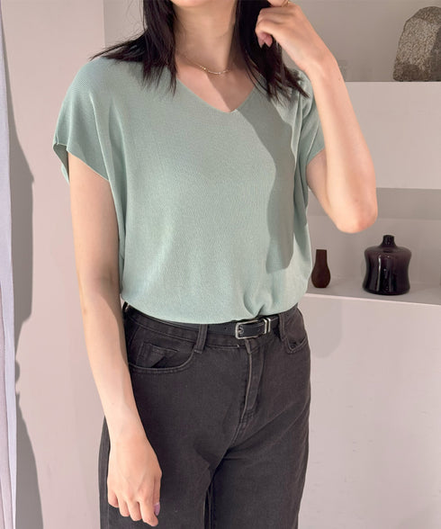 ニットトップス レディース 韓国春秋夏服 フレンチスリーブ ニットソー 体型カバー vネック 冷感タッチ 半袖 サマーニット きれいめ オフィスカジュアル 着やせ 87XYZ-001