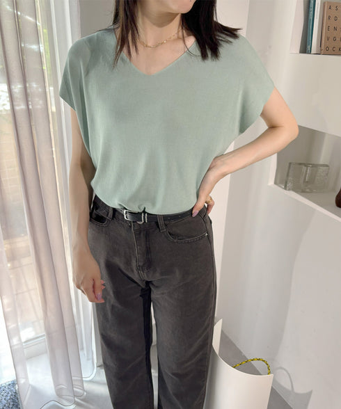 ニットトップス レディース 韓国春秋夏服 フレンチスリーブ ニットソー 体型カバー vネック 冷感タッチ 半袖 サマーニット きれいめ オフィスカジュアル 着やせ 87XYZ-001