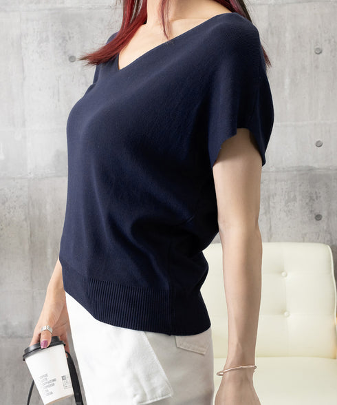 ニットトップス レディース 韓国春秋夏服 フレンチスリーブ ニットソー 体型カバー vネック 冷感タッチ 半袖 サマーニット きれいめ オフィスカジュアル 着やせ 87XYZ-001