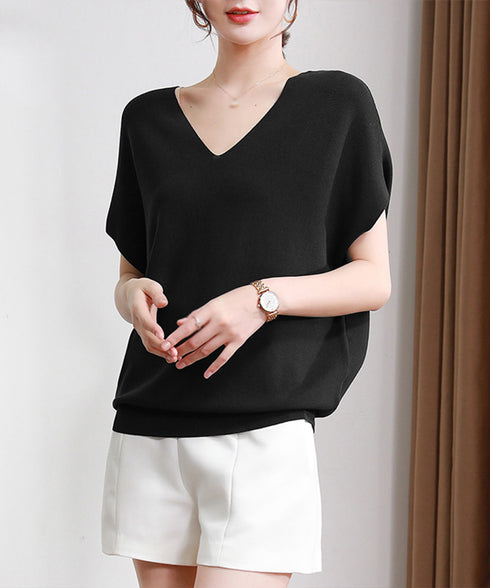 ニットトップス レディース 韓国春秋夏服 フレンチスリーブ ニットソー 体型カバー vネック 冷感タッチ 半袖 サマーニット きれいめ オフィスカジュアル 着やせ 87XYZ-001