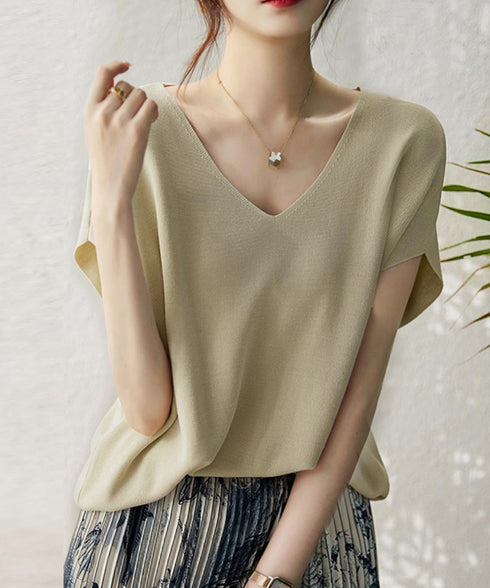 ニットトップス レディース 韓国春秋夏服 フレンチスリーブ ニットソー 体型カバー vネック 冷感タッチ 半袖 サマーニット きれいめ オフィスカジュアル 着やせ 87XYZ-001
